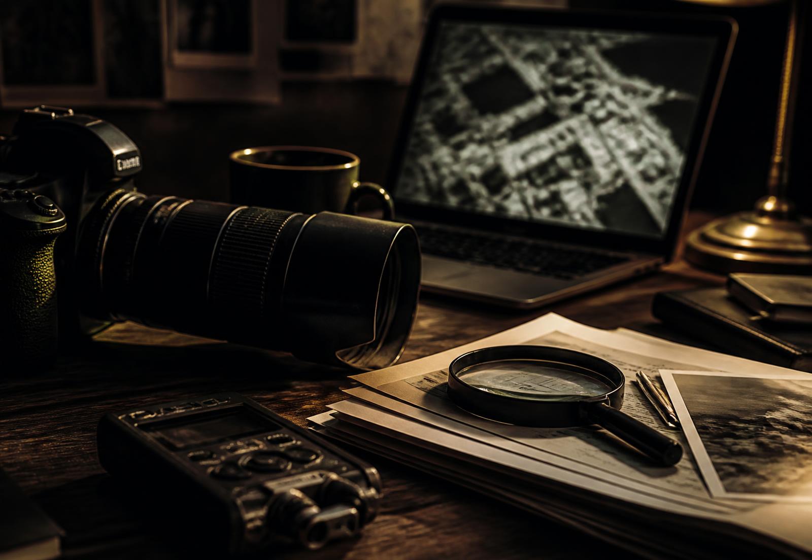 Equipamentos de investigação sobre mesa em luz baixa